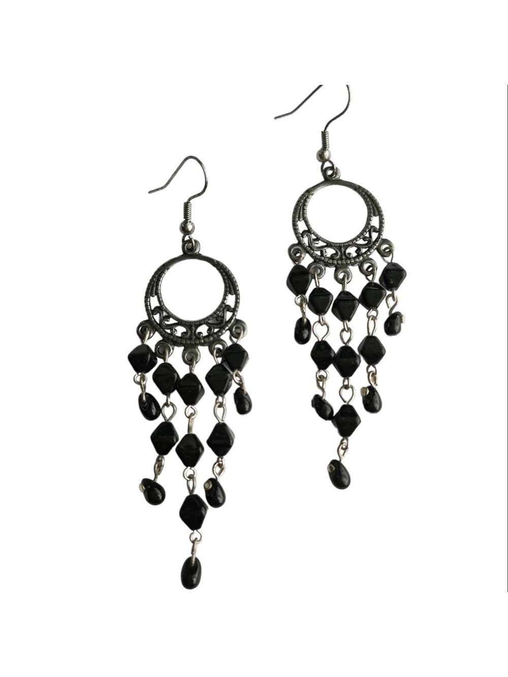 Vintage Czech beaded shoulder duster chandelier earrings black